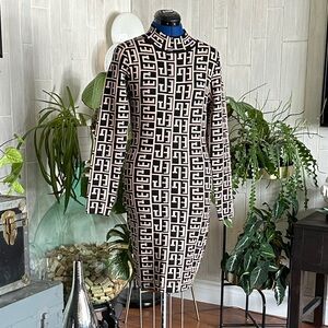 Geometric Mock Neck Long Sleeve Dress - Black & Cream